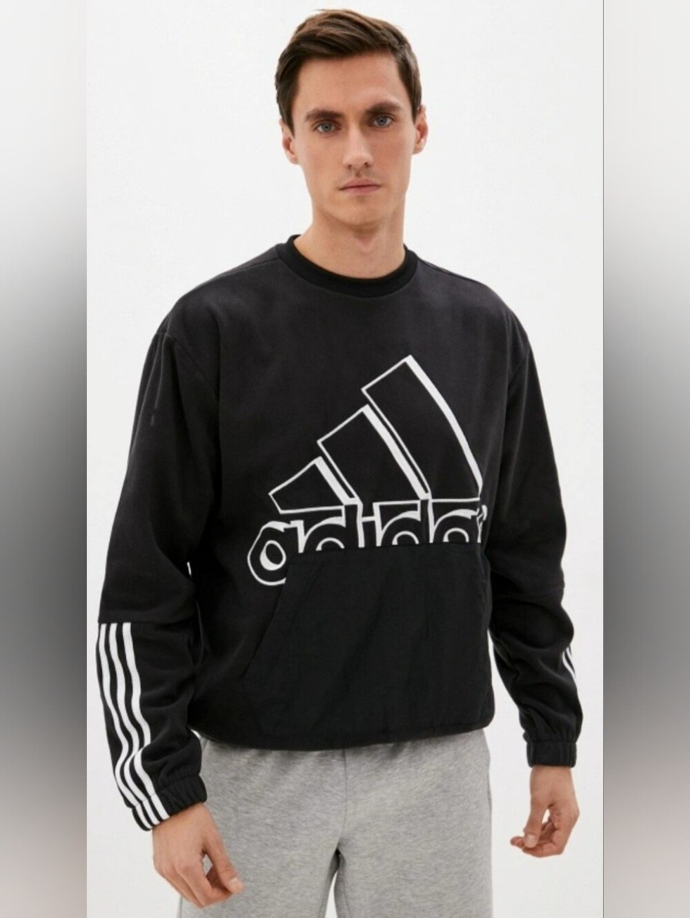 Adidas Black Men L Logo Crewneck Sweatshirt with White Logo